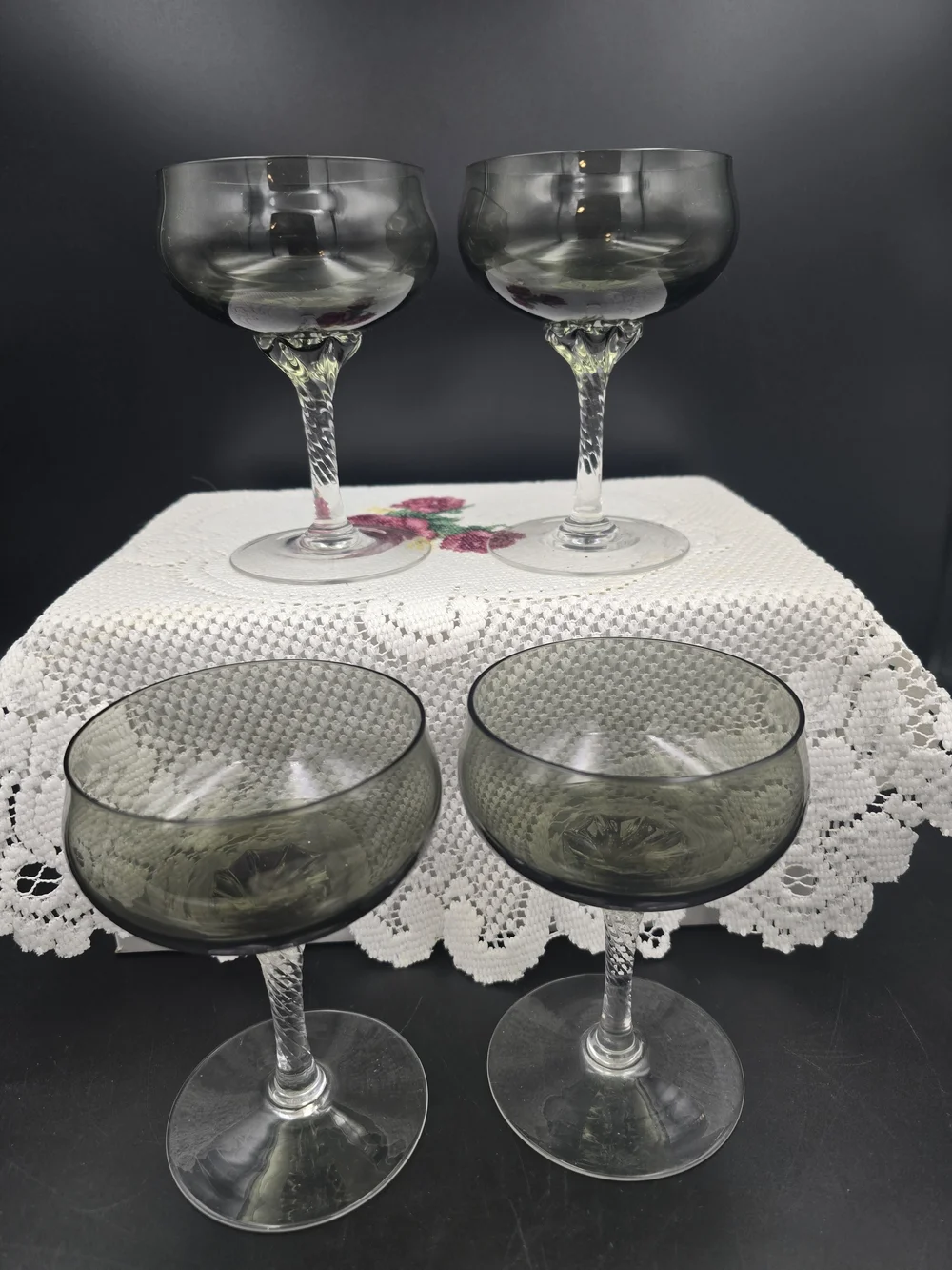 Smoked Grey Coupe Glasses with Twisted Stem - Set of 4